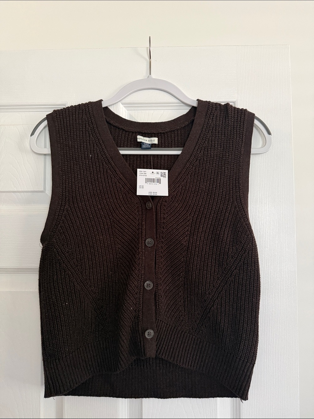 American Eagle Dark Brown Ribbed V-Neck Button Front Sweater Vest